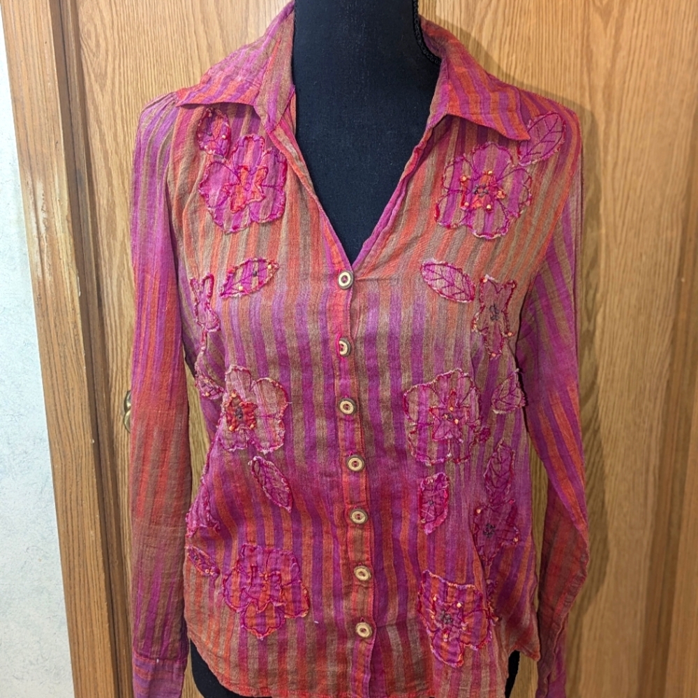 Per Una 100% Cotton Floral Boho Purple Striped Button Up